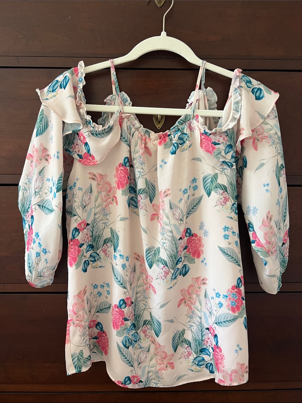 Parker Light Pink Cold-Shoulder Floral Blouse with Pink & Teal Blooms